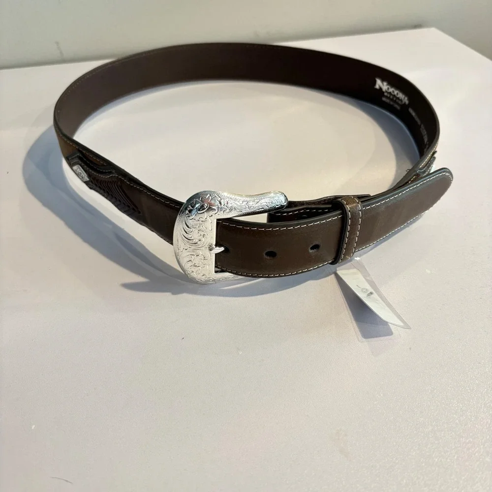 Vintage Style Nocona Brown Leather Western Cowboy Belt Silver Buckle 36